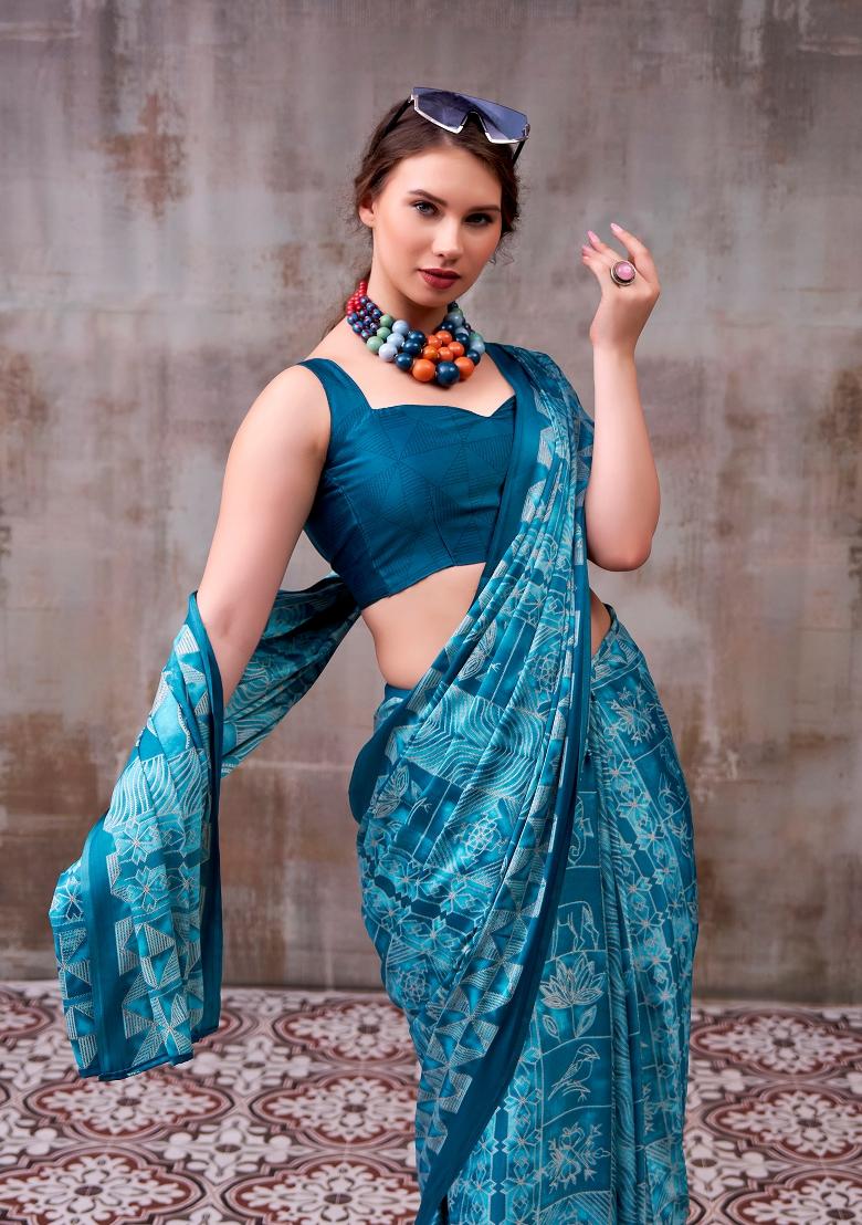 Sky Blue Printed Silk Blend Saree Set - Indya