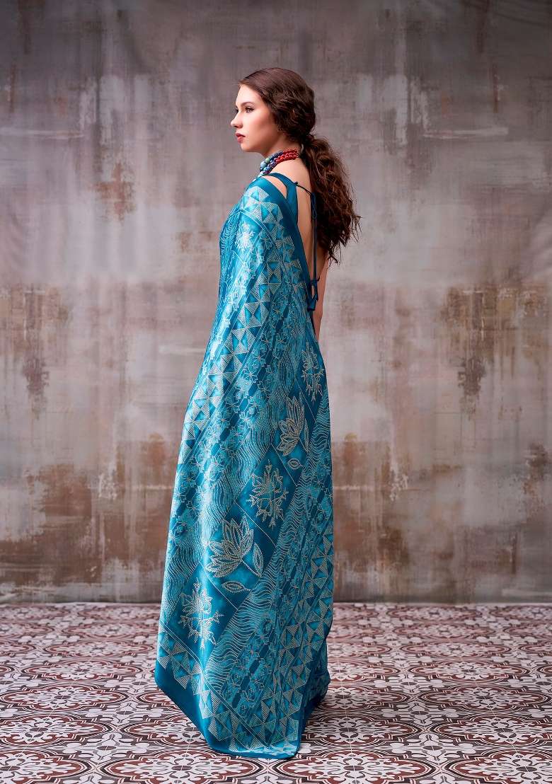 Sky Blue Silk Blend Saree Set with Printed for Diwali | Wedding & Festive Wear - Indya