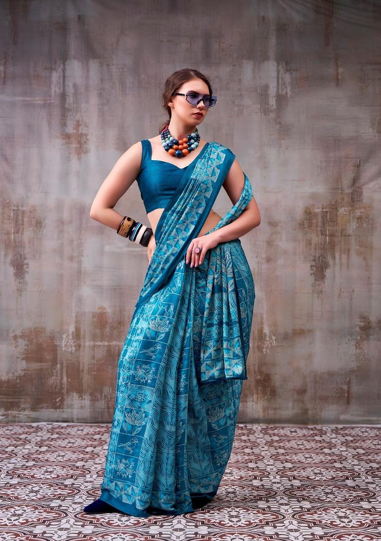 Sky Blue Printed Silk Blend Saree Set - Indya