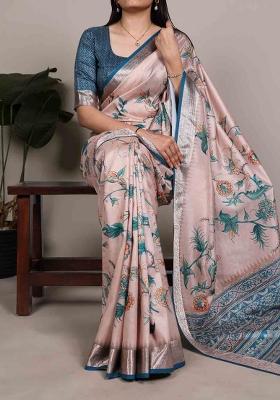 Blush Pink Printed Silk Blend Saree Set