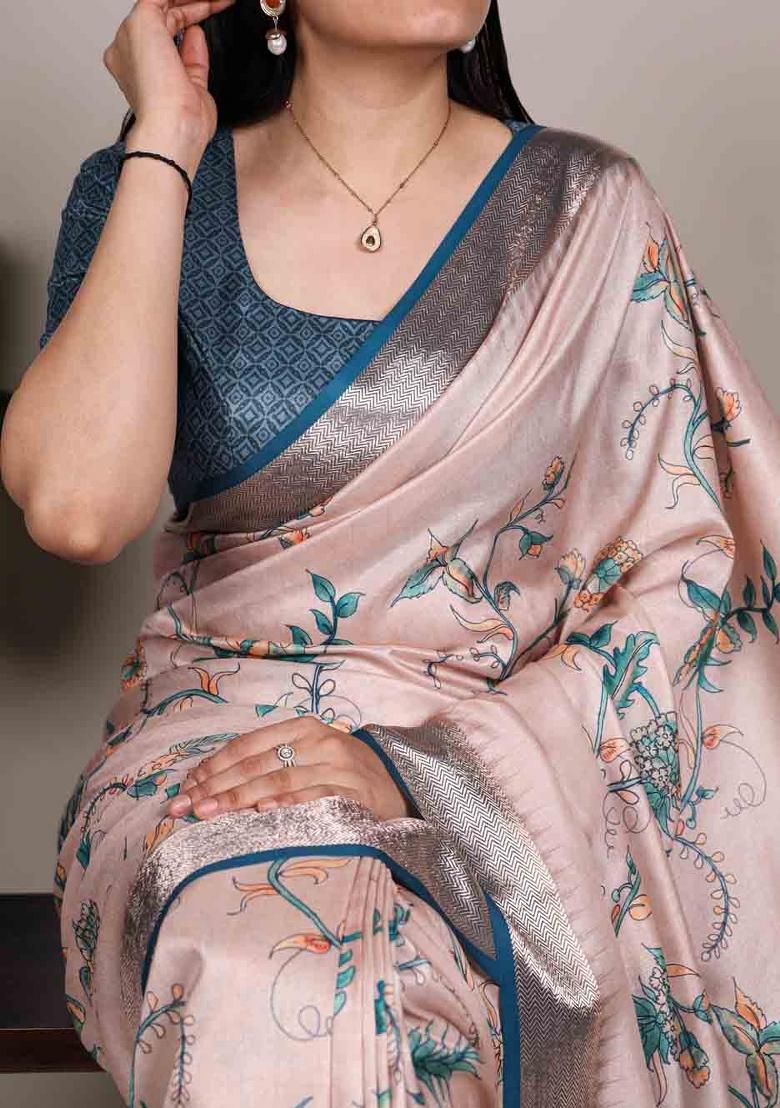 Blush Pink Printed Silk Blend Saree Set - Indya