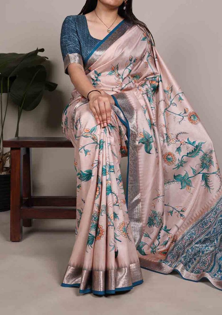 Blush Pink Printed Silk Blend Saree Set - Indya