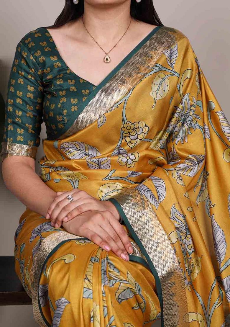 Mustard Printed Silk Blend Saree Set - Indya
