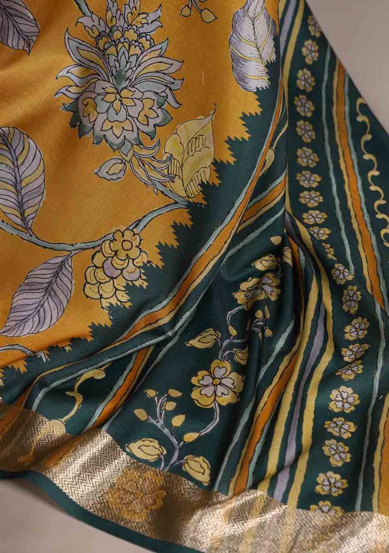 Mustard Printed Silk Blend Saree Set - Indya