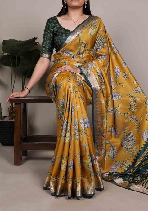 Mustard Printed Silk Blend Saree Set