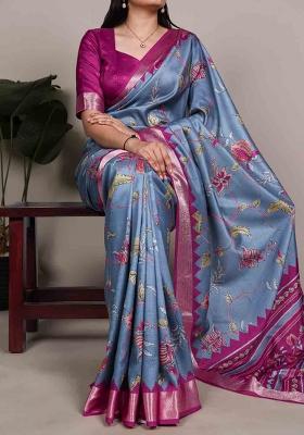 Slate Blue Printed Silk Blend Saree Set