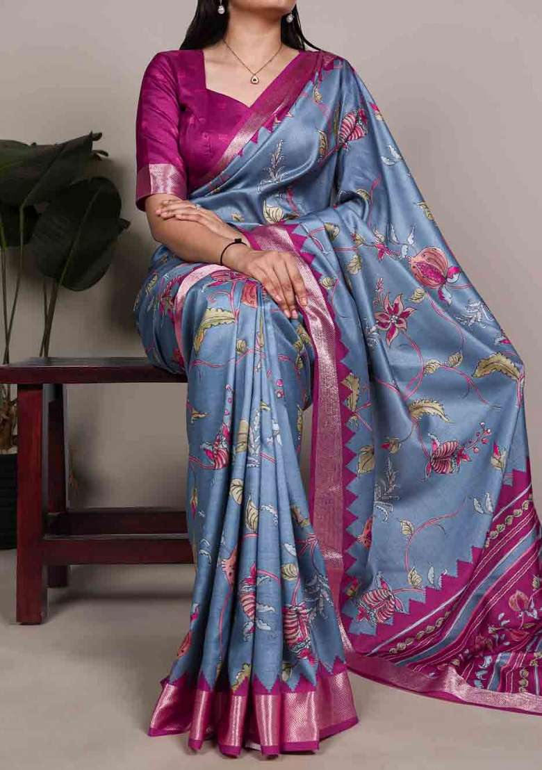 Slate Blue Printed Silk Blend Saree Set for Diwali and Festive Wear - Indya