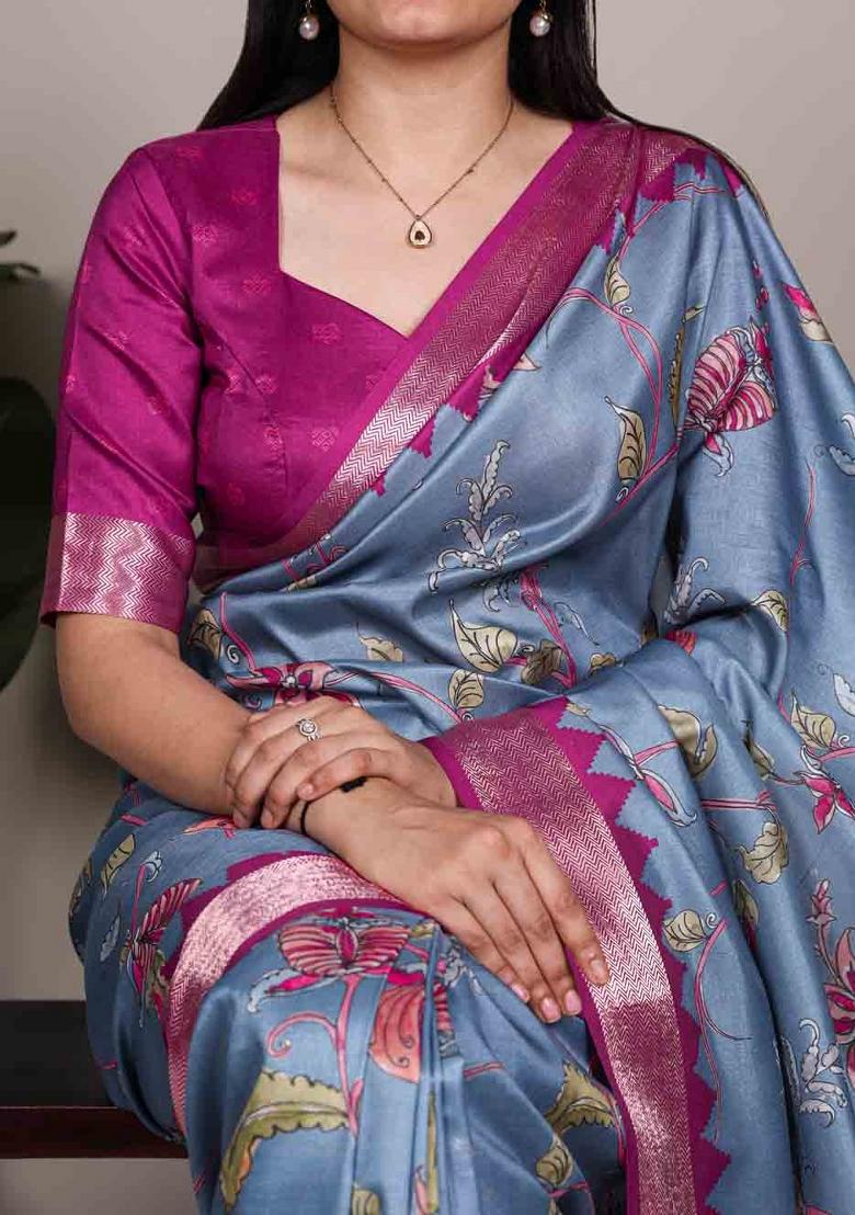Slate Blue Printed Silk Blend Saree Set - Indya