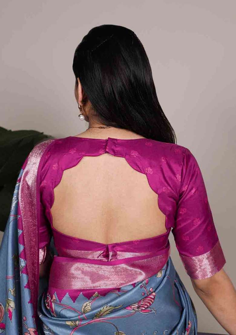 Slate Blue Printed Silk Blend Saree Set for Diwali and Festive Wear - Indya