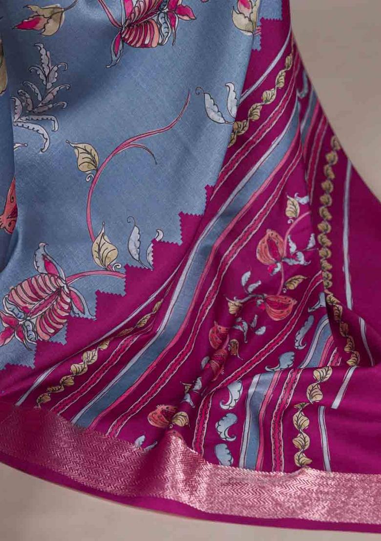 Slate Blue Printed Silk Blend Saree Set - Indya