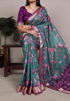 Dark Teal Printed Silk Blend Saree Set