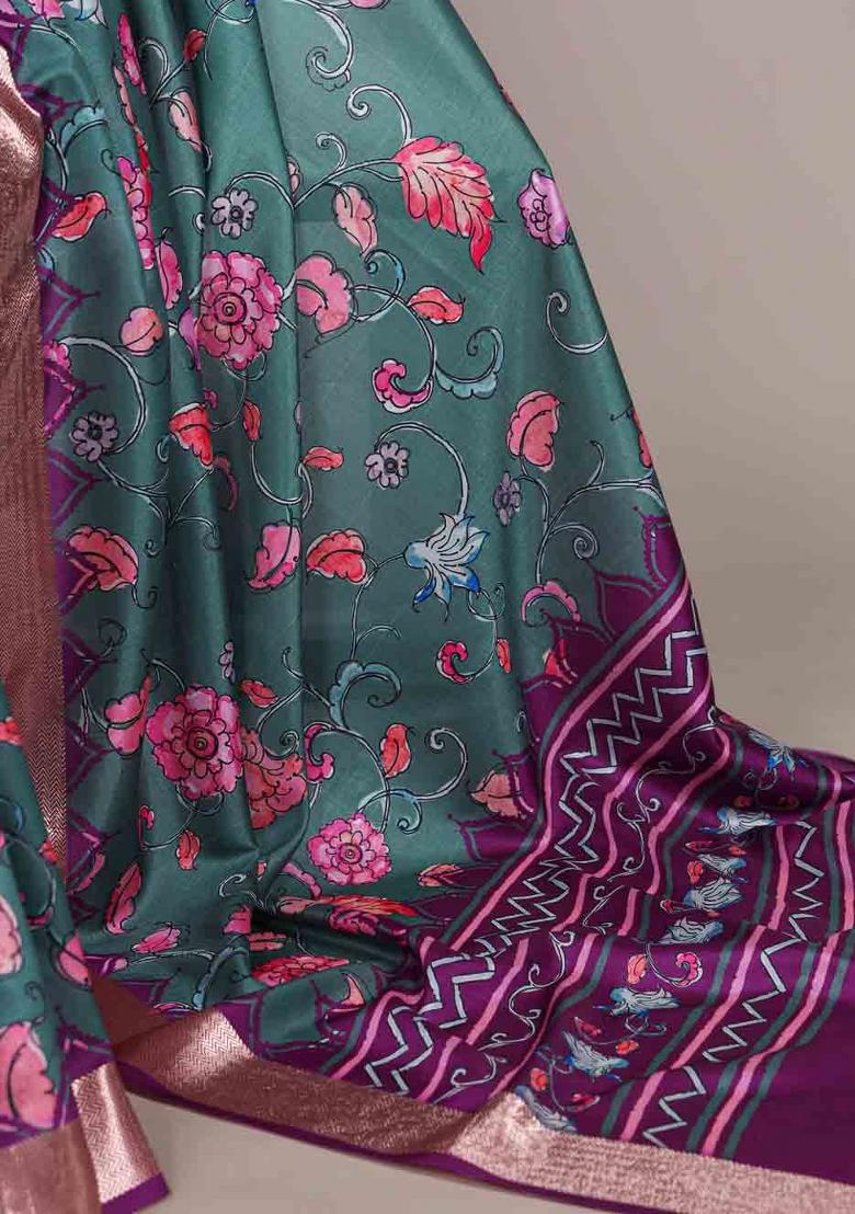 Dark Teal Printed Silk Blend Saree Set - Indya