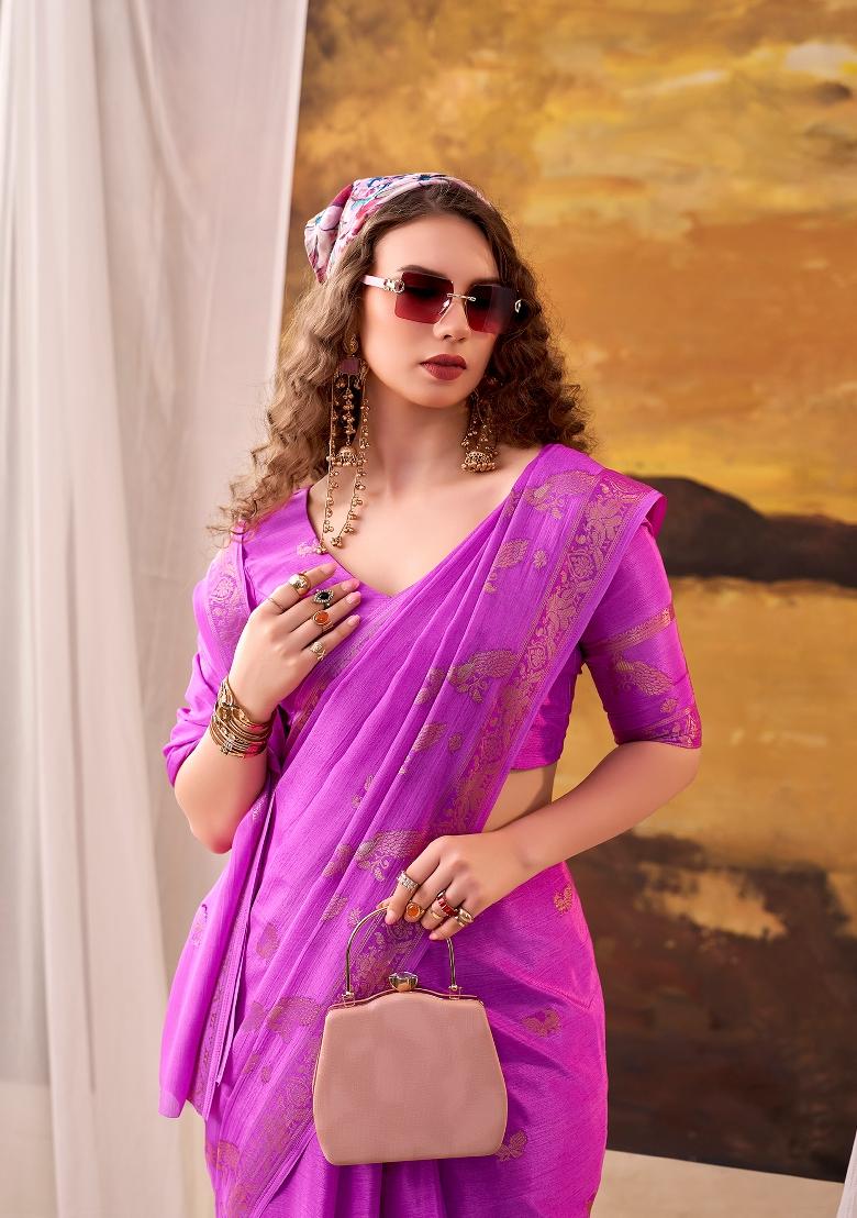 Pink Weaving Crepe Saree Set - Indya
