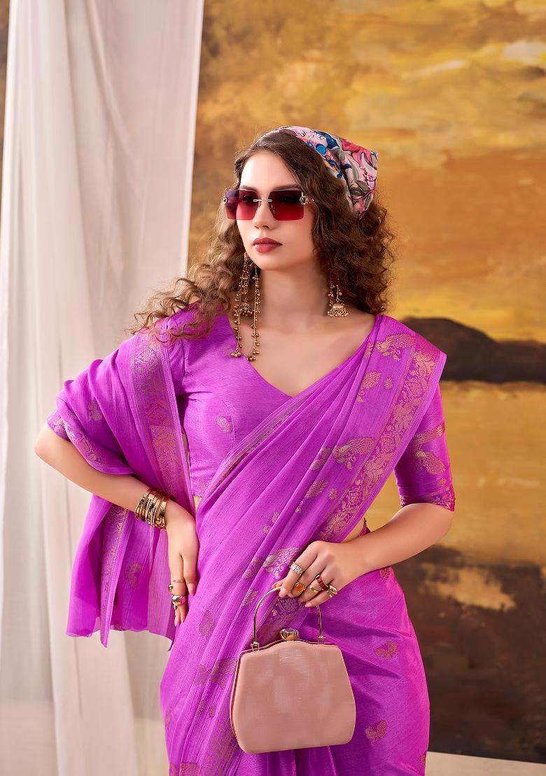 Pink Weaving Crepe Saree Set - Indya