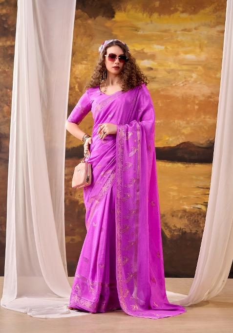 Pink Weaving Crepe Saree Set