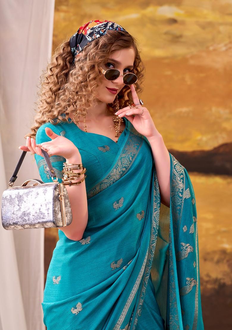 Sky Blue Weaving Crepe Saree Set - Indya
