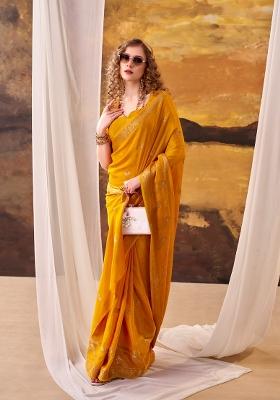 Yellow Weaving Crepe Saree Set