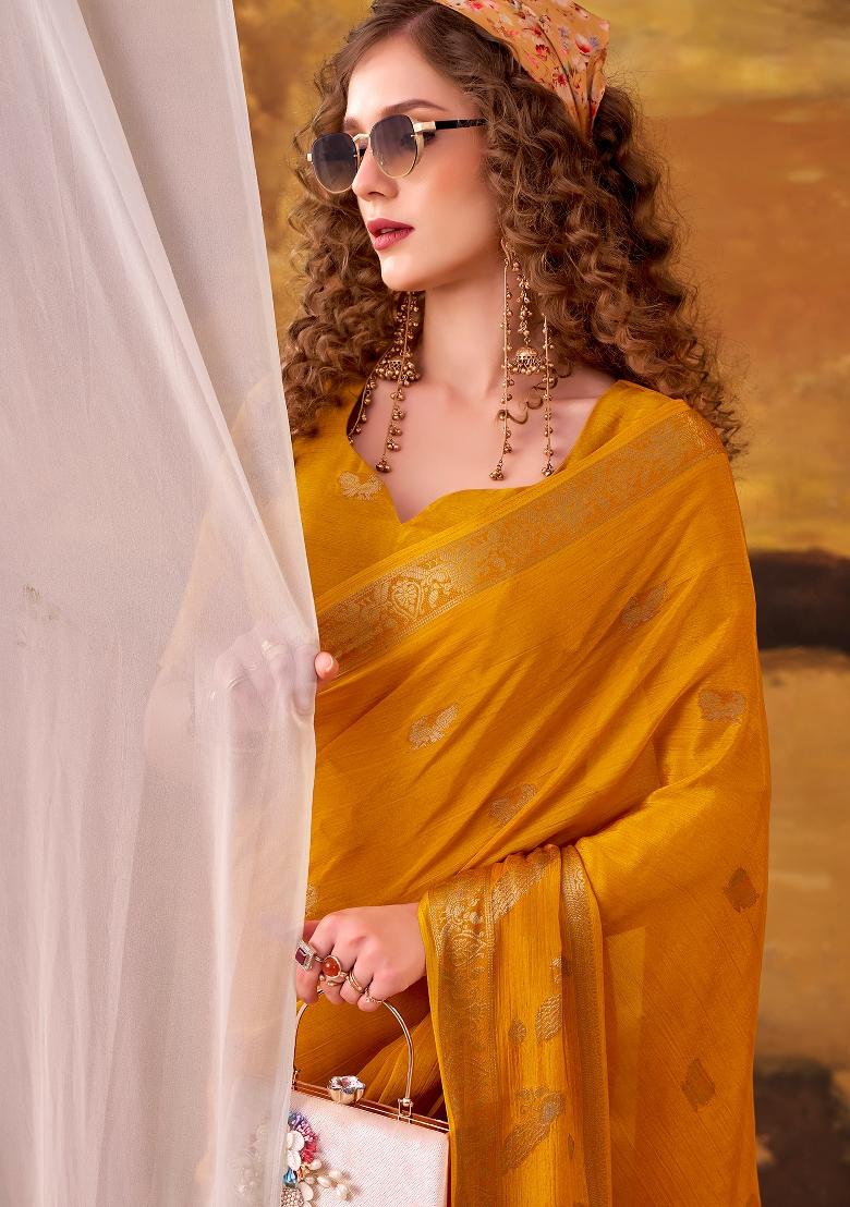 Yellow Weaving Crepe Saree Set - Indya