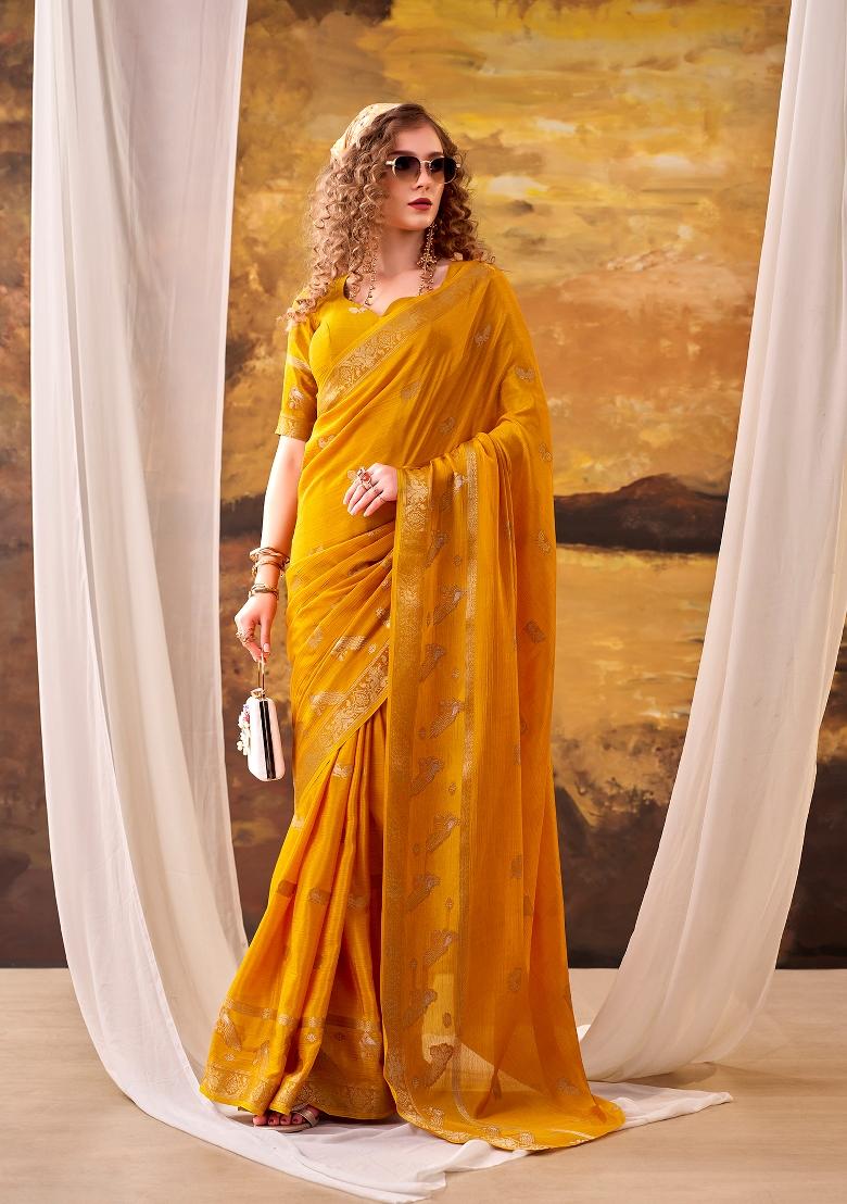 Yellow Weaving Crepe Saree Set - Indya