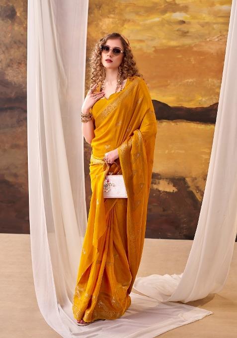 Yellow Weaving Crepe Saree Set