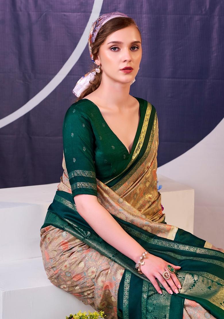 Green Floral Print Silk Blend Saree Set - Indya