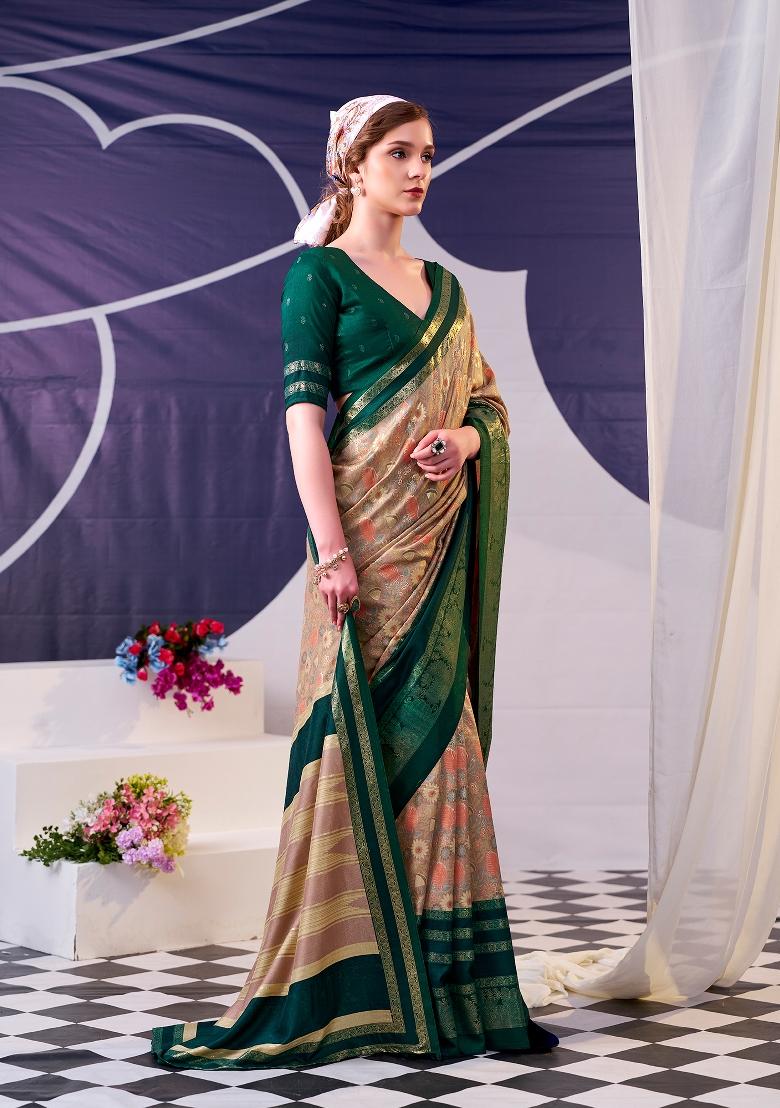 Green Floral Print Silk Blend Saree Set - Indya