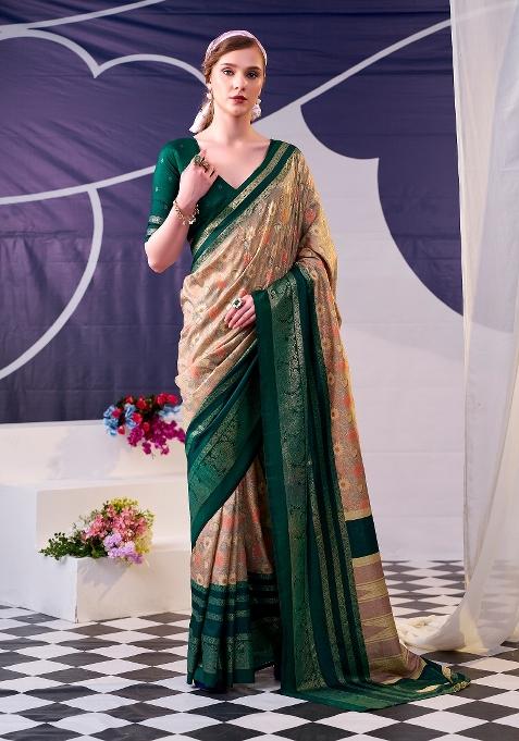 Green Floral Print Silk Blend Saree Set