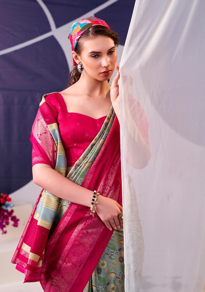 Pink Floral Print Silk Blend Saree Set - Indya
