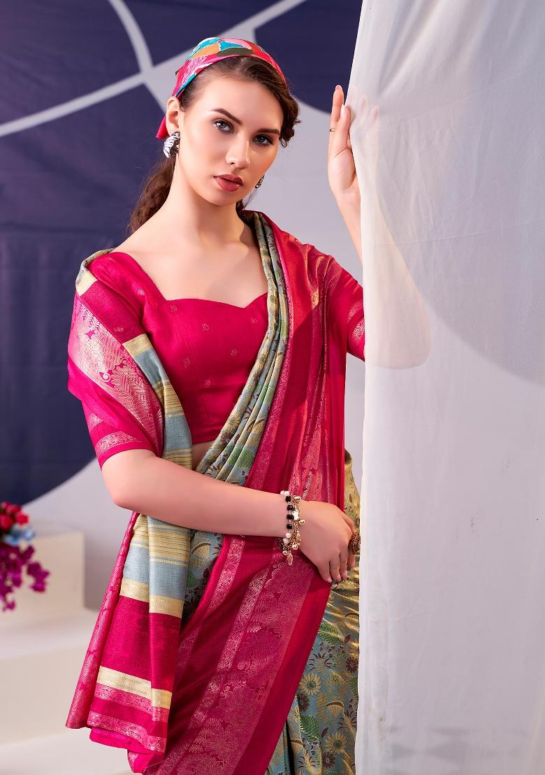 Pink Floral Print Silk Blend Saree Set - Indya
