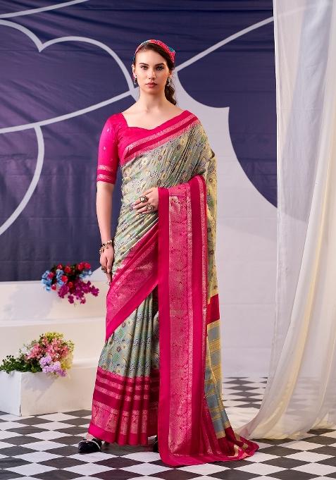 Pink Floral Print Silk Saree Set