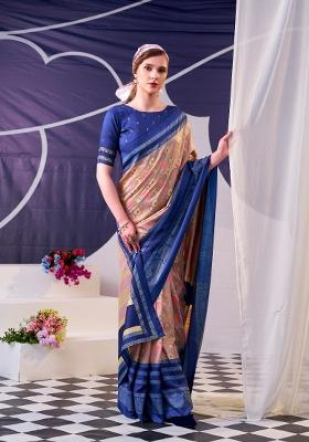 Navy Blue Floral Print Silk Blend Saree Set
