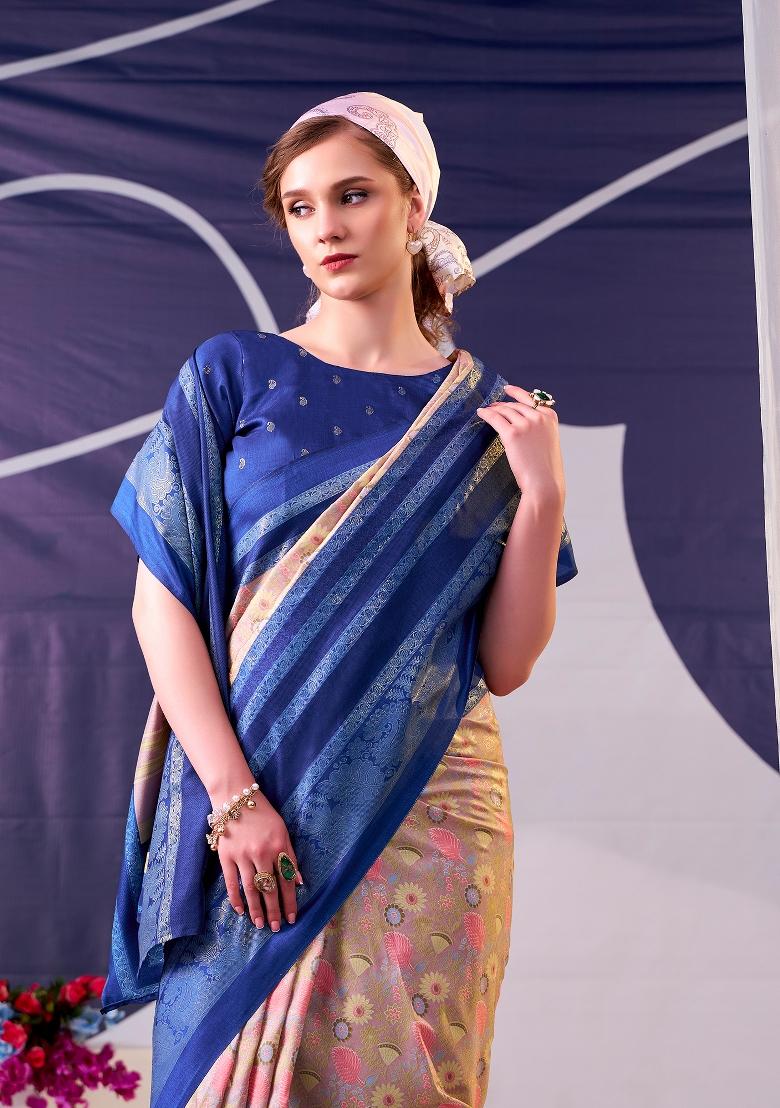 Navy Blue Floral Print Silk Blend Saree Set - Indya