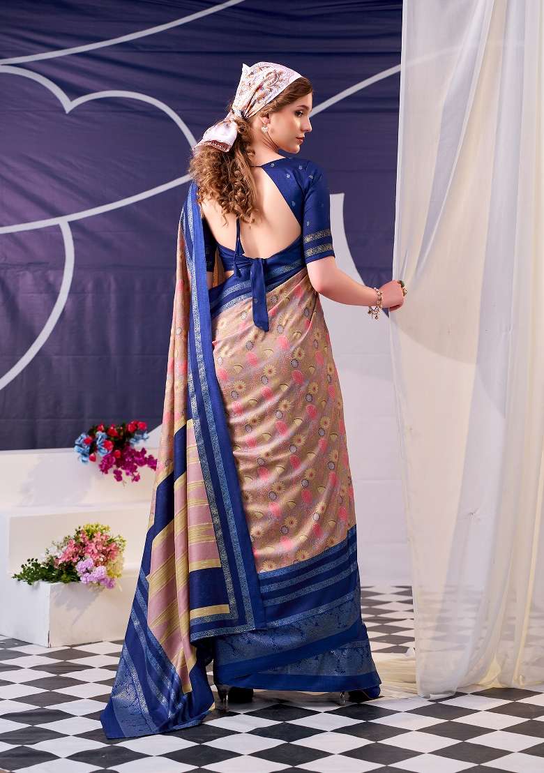 Navy Blue Floral Print Silk Blend Saree Set for Diwali and Festive Wear - Indya