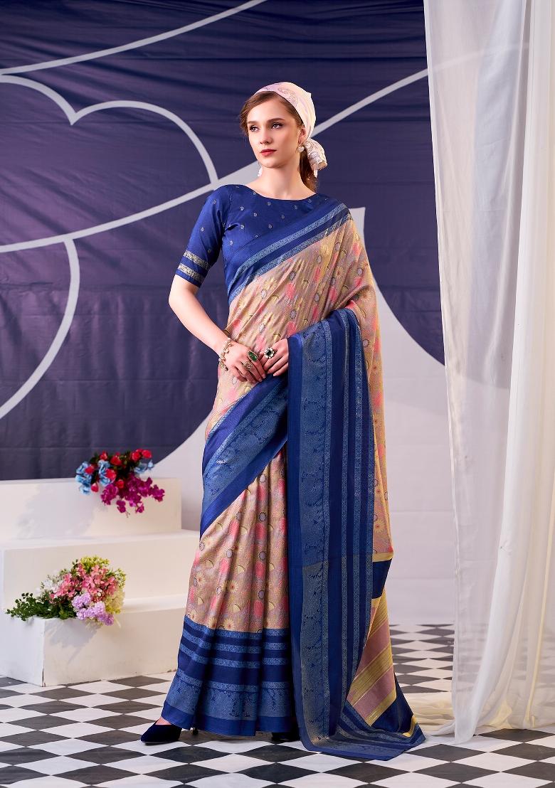 Navy Blue Floral Print Silk Blend Saree Set - Indya