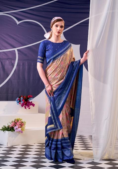 Navy Blue Floral Print Silk Blend Saree Set