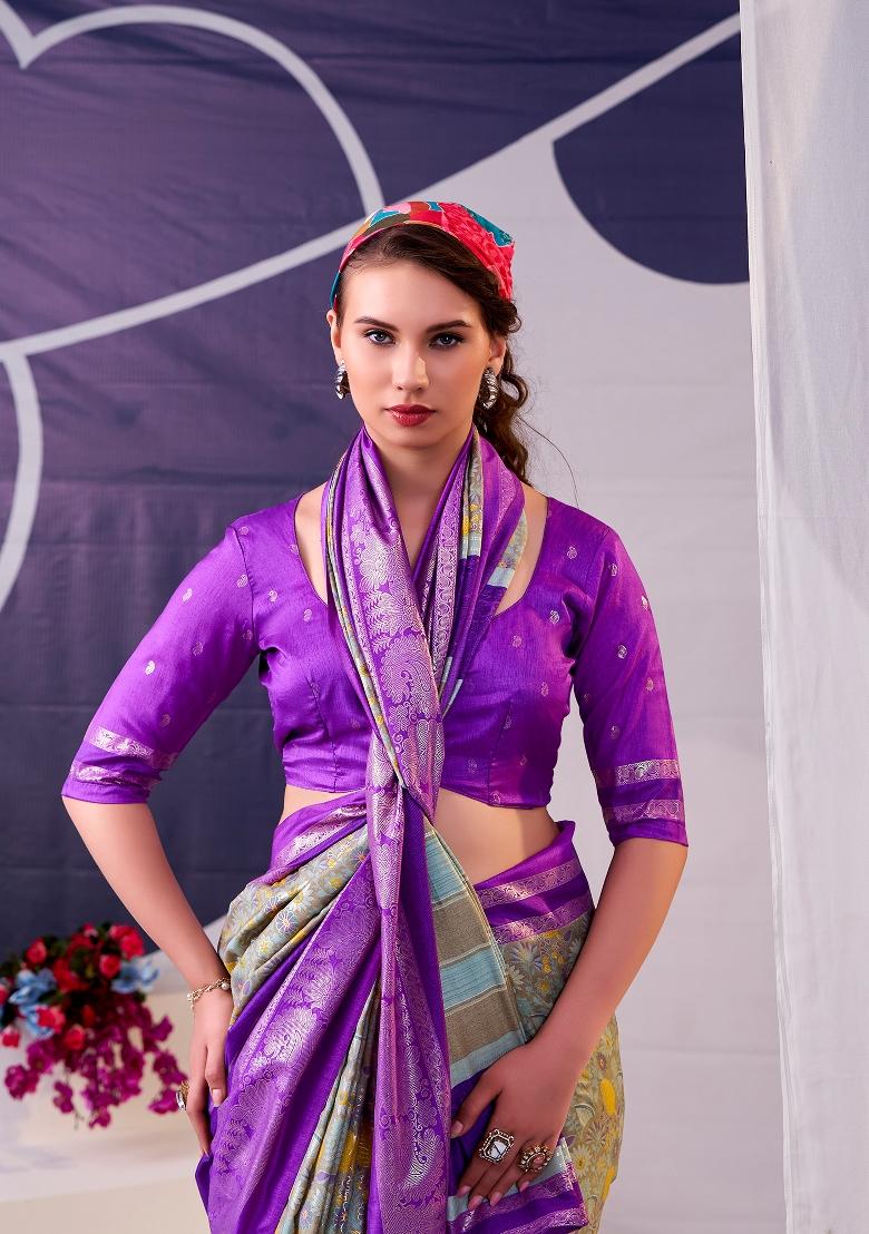 Purple Floral Print Silk Blend Saree Set - Indya