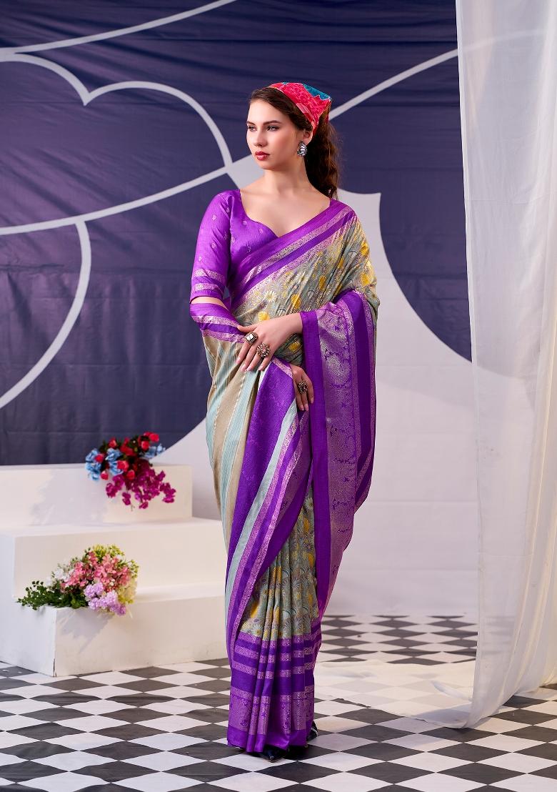 Purple Floral Print Silk Blend Saree Set - Indya