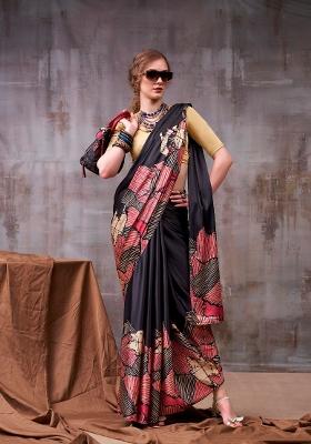 Black Printed Silk Blend Saree Set