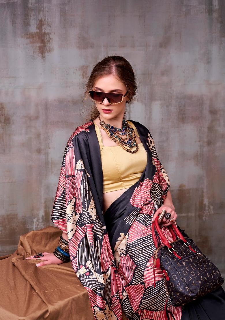 Black Printed Silk Blend Saree Set - Indya