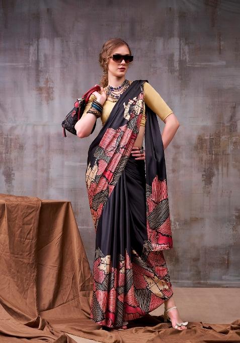 Black Printed Silk Blend Saree Set