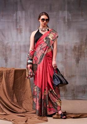 Red Printed Silk Blend Saree Set