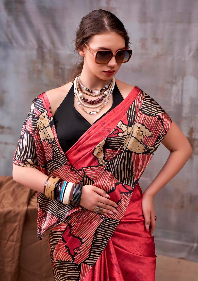 Red Printed Silk Blend Saree Set - Indya