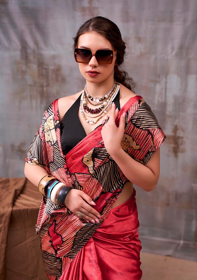 Red Printed Silk Blend Saree Set - Indya