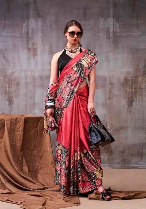 Red Printed Silk Saree Set