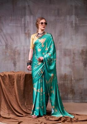 Sky Blue Printed Silk Blend Saree Set