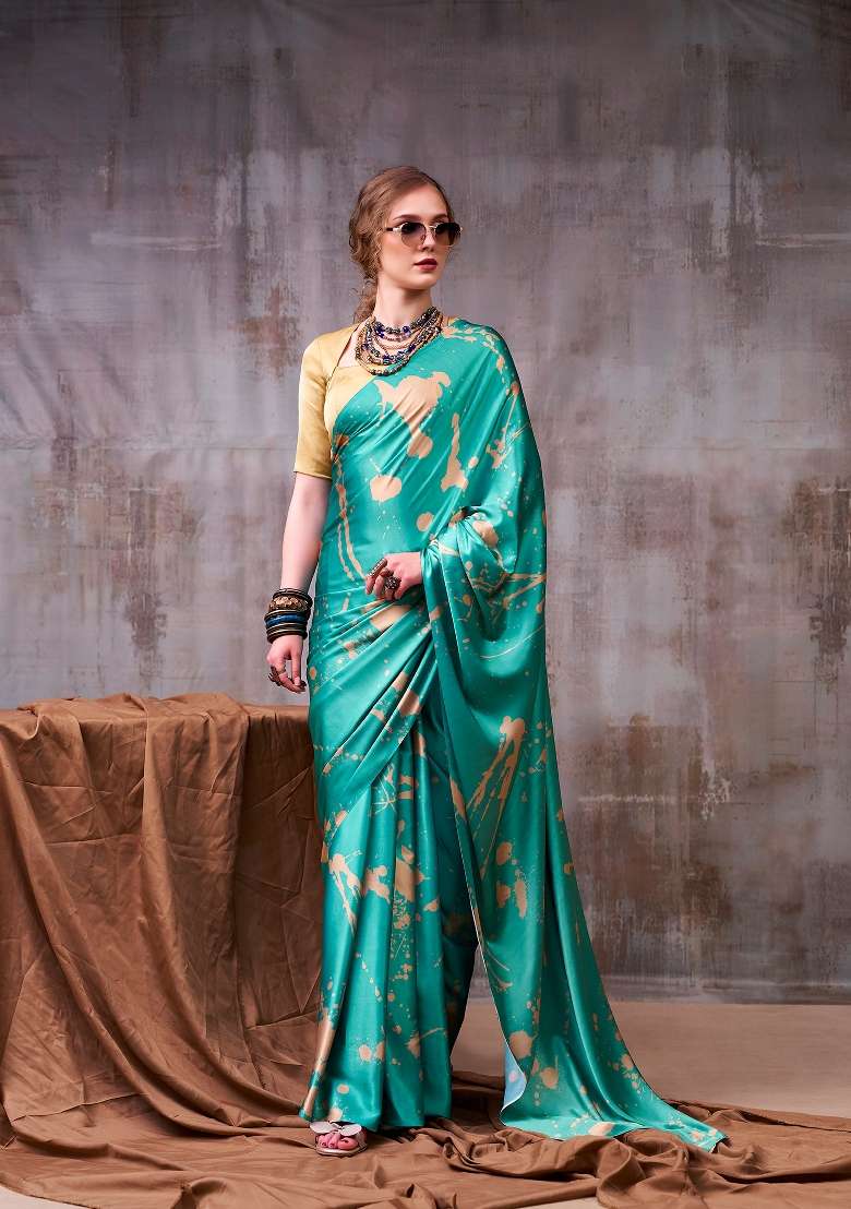 Sky Blue Printed Silk Blend Saree Set for Diwali and Festive Wear - Indya