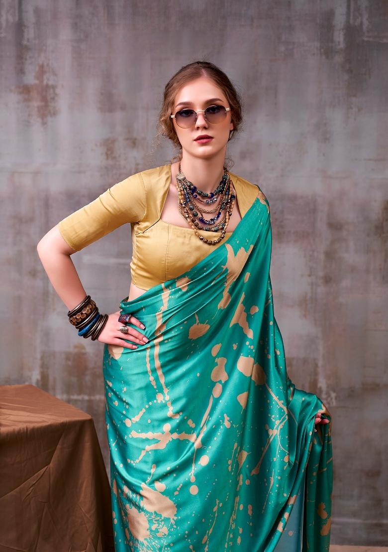 Sky Blue Printed Silk Blend Saree Set - Indya