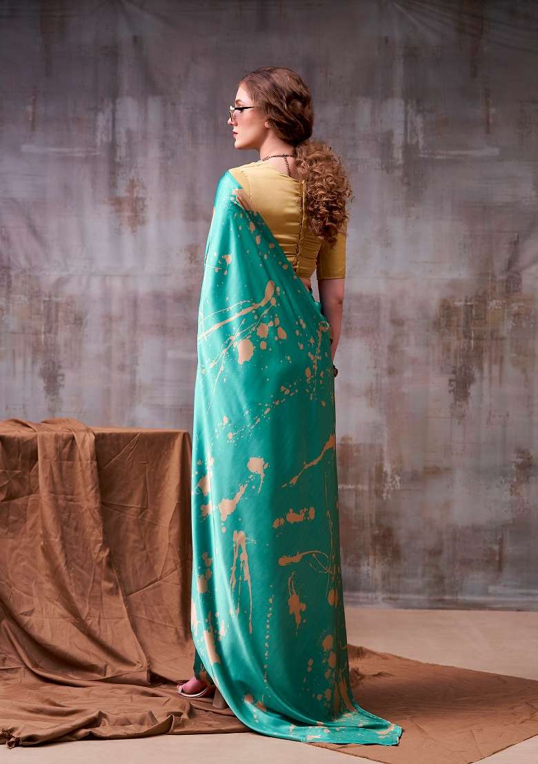 Sky Blue Printed Silk Blend Saree Set for Diwali and Festive Wear - Indya