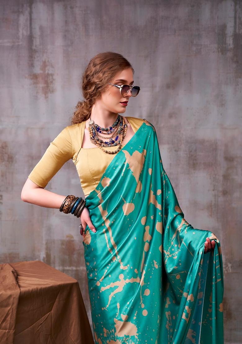 Sky Blue Printed Silk Blend Saree Set - Indya