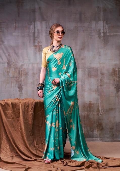 Sky Blue Printed Silk Blend Saree Set